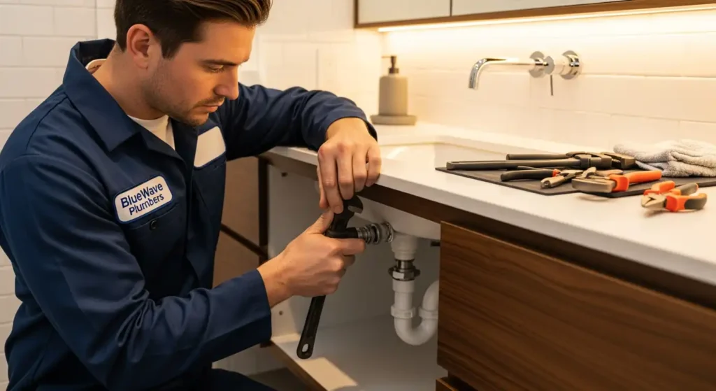Kitchen plumbing expert fixing a faulty garbage disposal and sink drain in Fort Collins, CO.